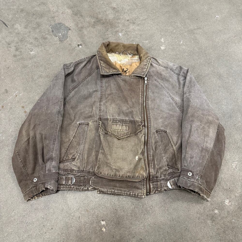 Vintage 90s Asymmetrical Canvas Work Bomber Jacket Brown Full Zip Lined Medium